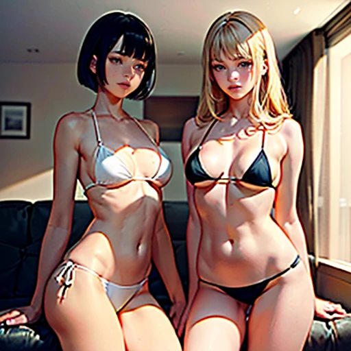 masterpiece, best quality, ultra detailed, beautiful face, beautiful skin, professional lighting, 2girls, (((on the right is flat ????? girl with bob black hair, the girl on the right is wearing white ??????))), (((a little further away on the left is ????????????? girl with long blonde hair, the girl on the left is wearing black ??????))), full body, on sofa