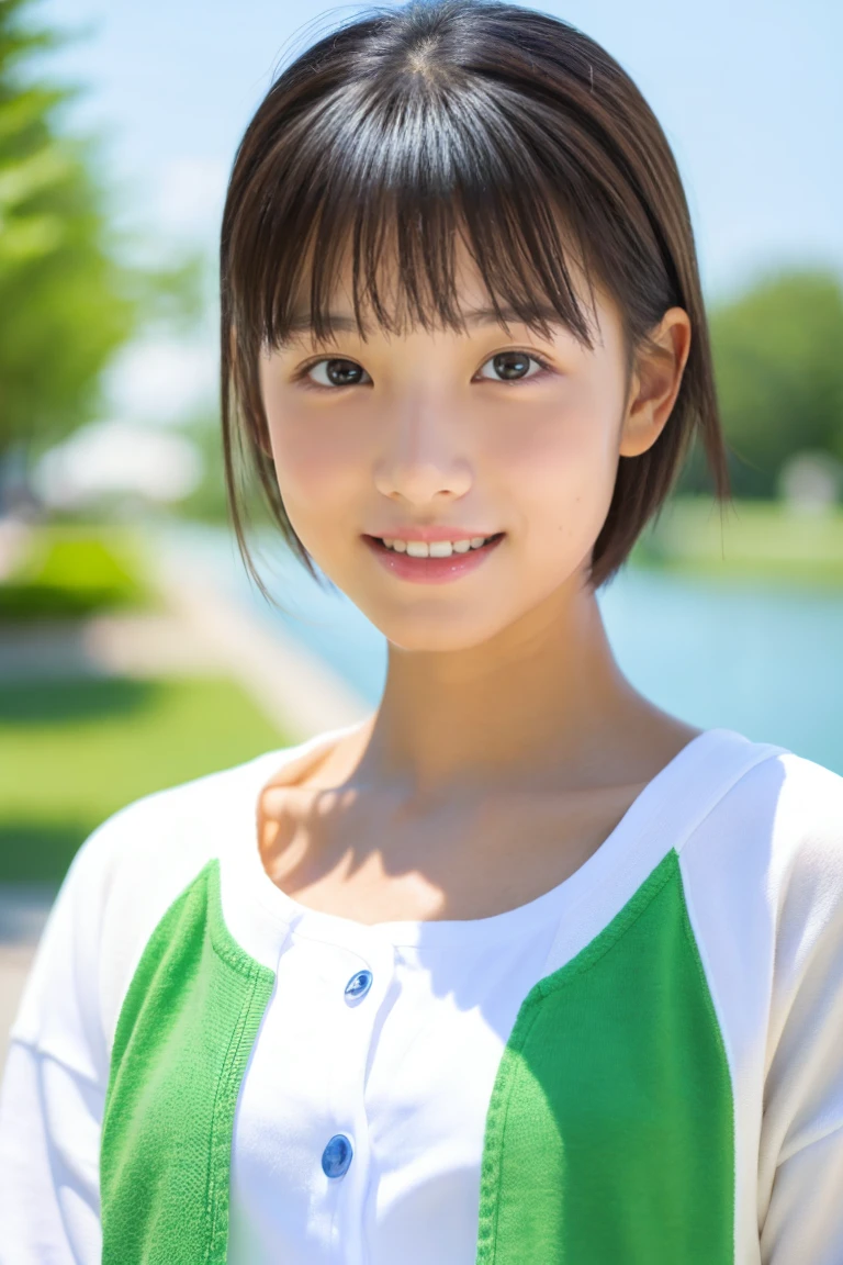 early summer、a beauty girl、14years、Open your mouth a little、athlete very short hair、white straight summer dress、light green summer cardigan、