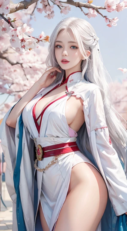 photorealistic, high resolution, 1women, shining skin, solo, jewelry, pink lip, long hair, white hair, blue eye, closed mouth, hips up, red hanfu, cherry blossoms