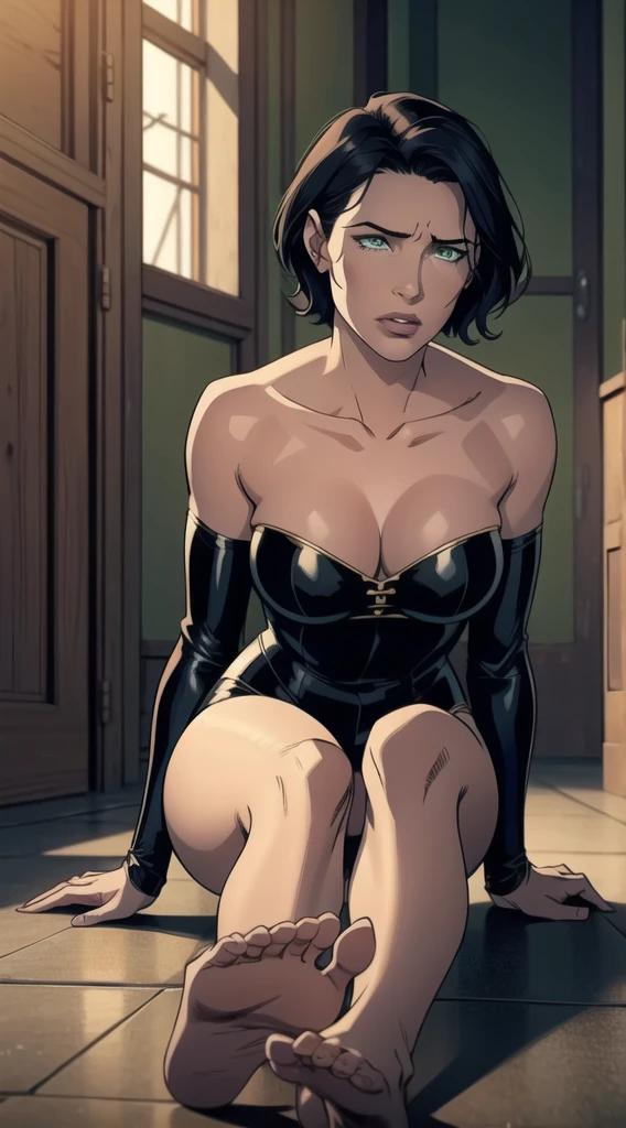 CATWOMAN from dc comics, naked, kidnapped, in an abandoned building, green eyes, short hair, crying, tied up, her feet, tits and pussy visible, closed mouth, beautiful lips, Intricate details, shallow depth of field, Highly detailed, High budget, epic hollywood movie, splendid, masterpiece, award-winning, professional, Highly detailed, Detailed skin texture, (blush: 0.5), (Goosebumps: 0.5). (black hair) (Short hair)