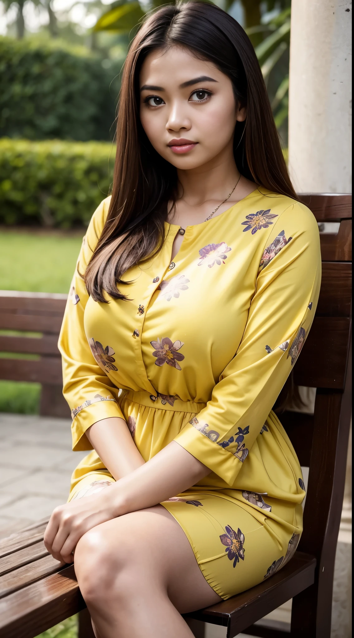 RAW, Best quality, high resolution, masterpiece: 1.3), beautiful Malay woman, Masterpiece, perfect fit body, big breasts, beautiful big eyes, long hair, brown hair, open stand, Soft smile, thick thighs, woman sitting in the park in a dark yellow floral patterned dress, she is about 2 0 years old, she is about 20 years old, pale skin Malay girl, smooth pink skin, beautiful woman, wearing a dark yellow dress, beautiful Malay woman, she is about 2 , she about 30 years old, he is about 3 0 years old