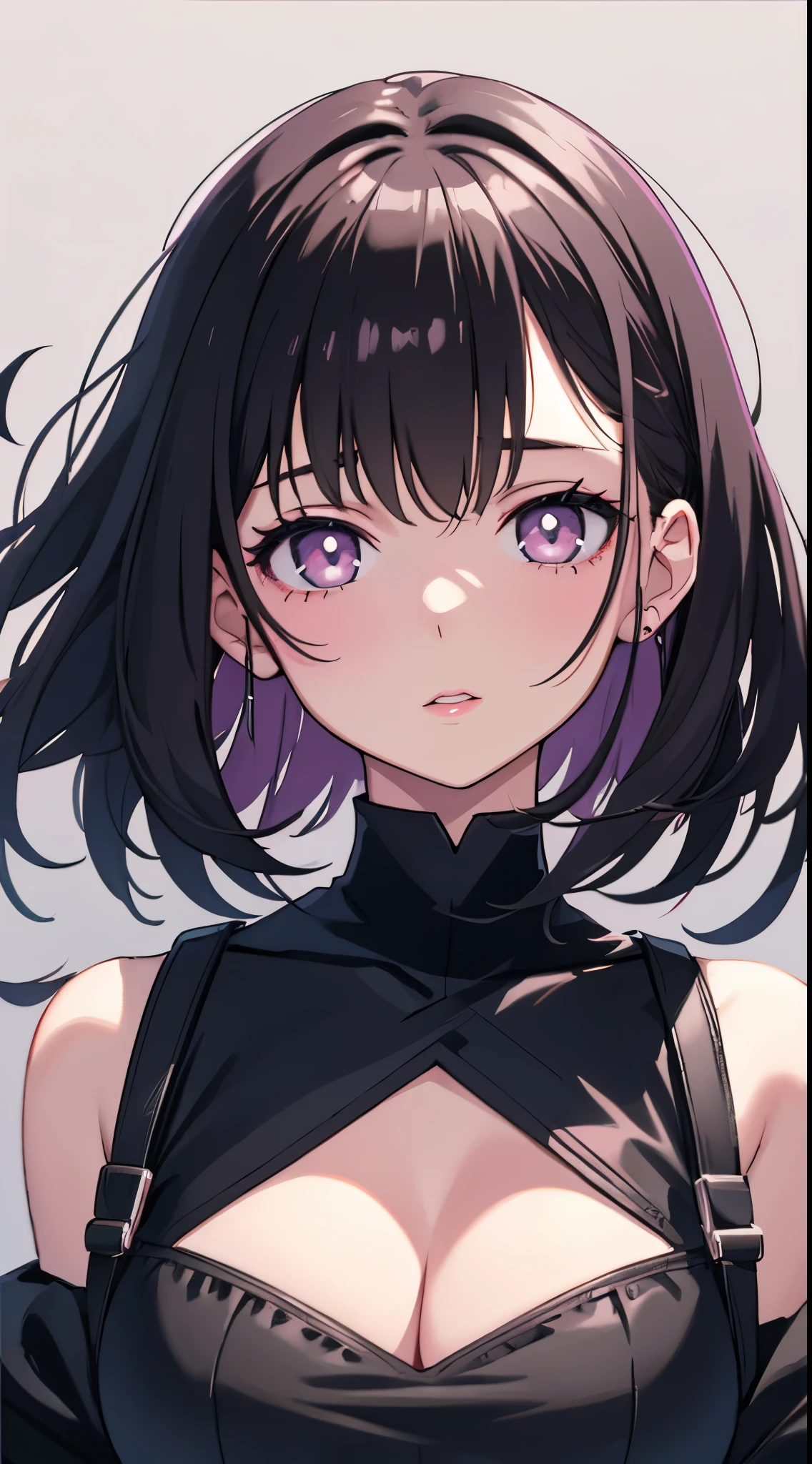 girl,Dark hair,Pink lips,Wearing a black shirt,Pastel palette Aurora Punk style,an anime illustration of her face,Animated GIFs,Hand-drawn animation,Captivating sketches,Smooth and shiny,Hazy romanticism,superflat style,White background -- ar 1:1--Nij 5--Style expression--s 50,cleavage,(Large breasts,The shoulder straps slip off)
