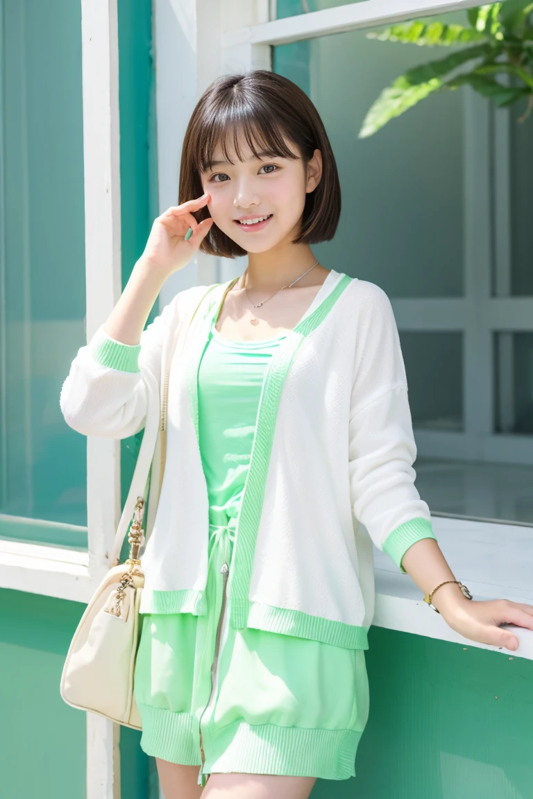 early summer、a beauty girl、、Open your mouth a little、athlete very short hair、white straight summer dress、light green summer cardigan、
