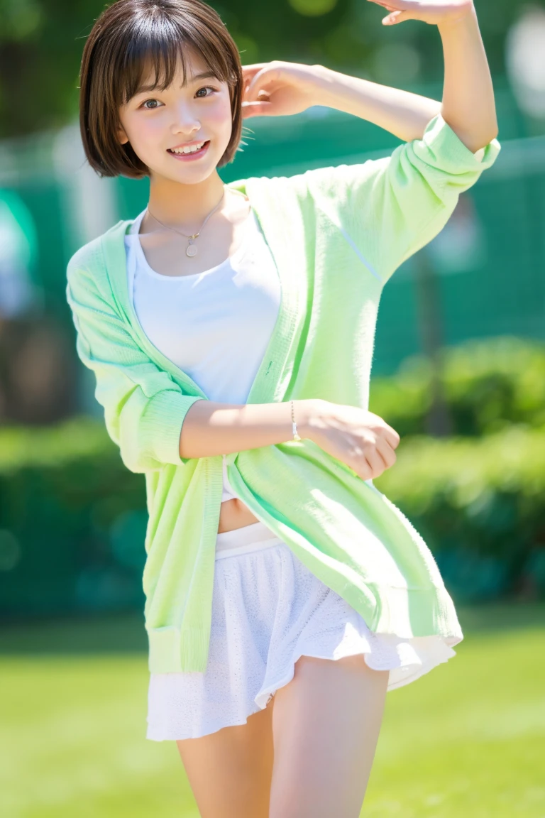 early summer、a beauty girl、17 age、Open your mouth a little、athlete very short hair、white straight summer dress、light green summer cardigan、