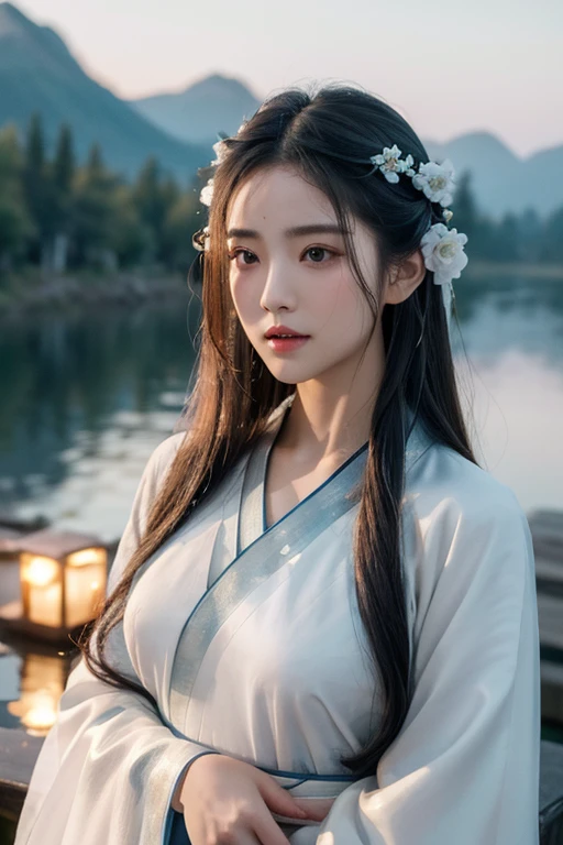 best quality, masterpiece, highres,, 1girl, Detailed face, (Upper body:1.6), Cyber cities, mountains and rivers, night, firefly lights, Realistic, rich in detail, (White hanfu:1.2), (beautiful body:1.4),