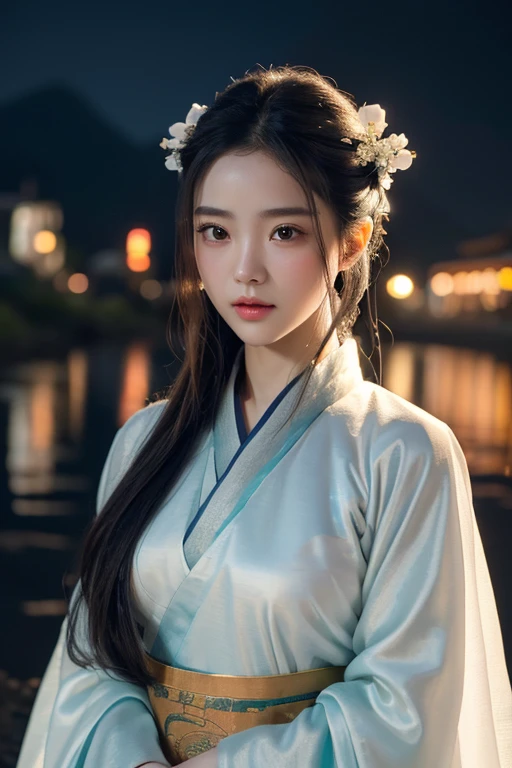 best quality, masterpiece, highres,, 1girl, Detailed face, (Upper body:1.6), Cyber cities, mountains and rivers, night, firefly lights, Realistic, rich in detail, (White hanfu:1.2), (beautiful body:1.4),