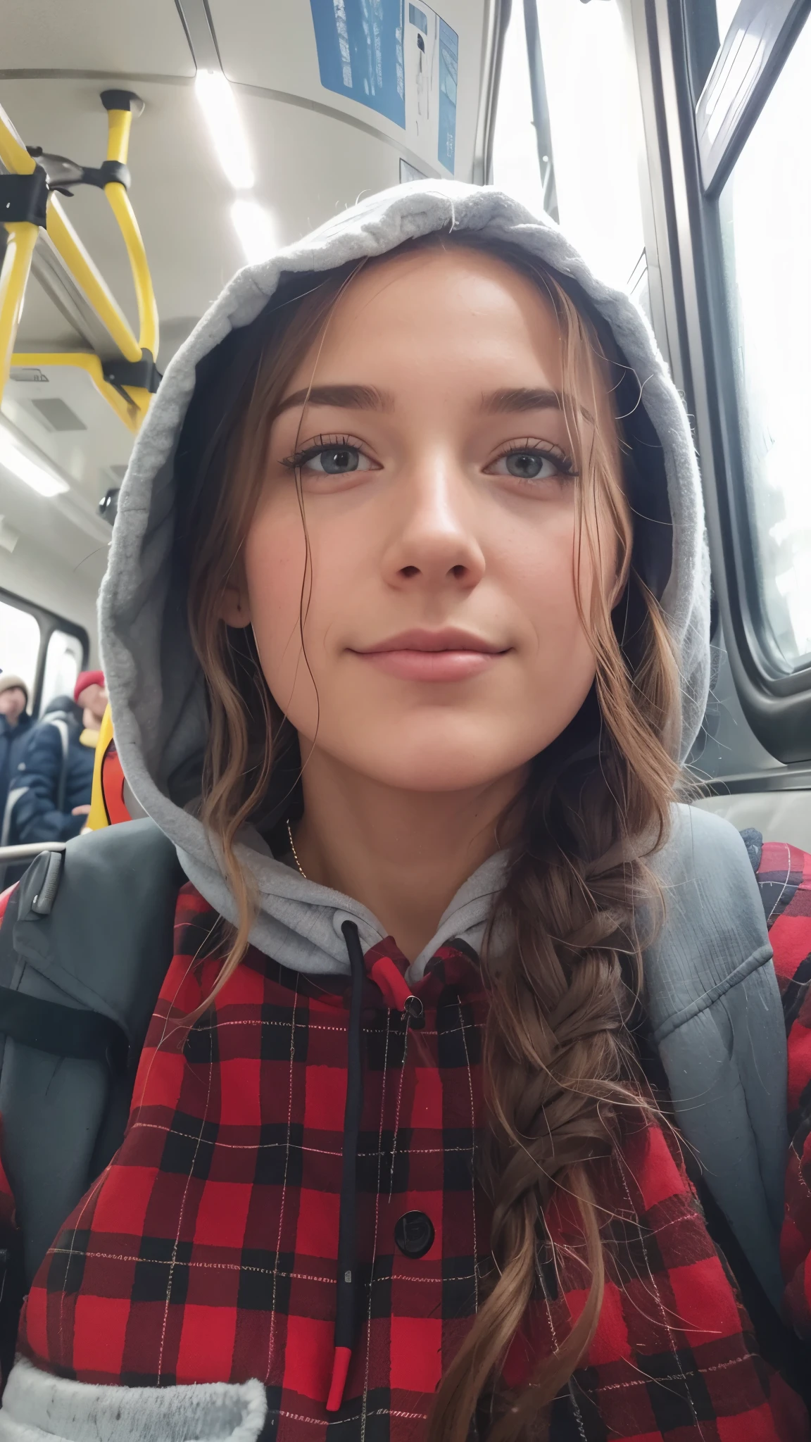 Girl in a hood, in a sweatshirt. Against the background of the metro