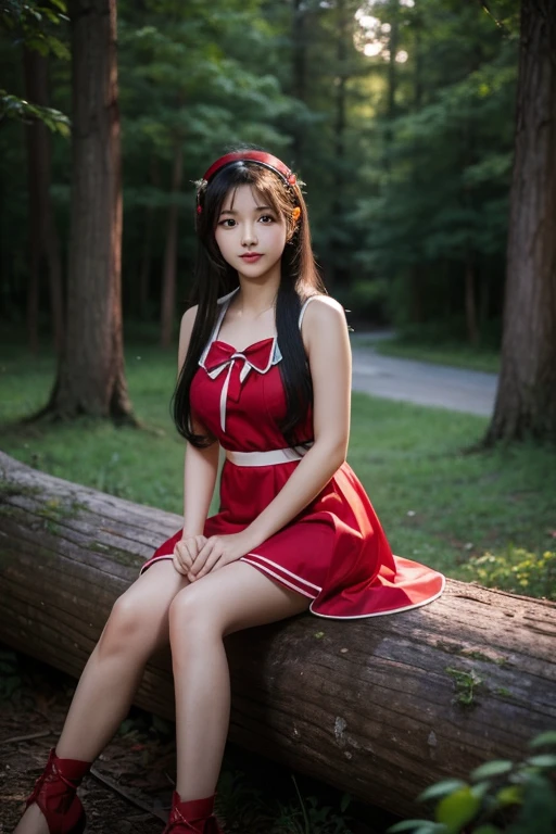 (masterpiece, best quality), 1girl(Athena_Asamiya), cute dress, long black hair, sitting, beautiful outdoor background, night, forest