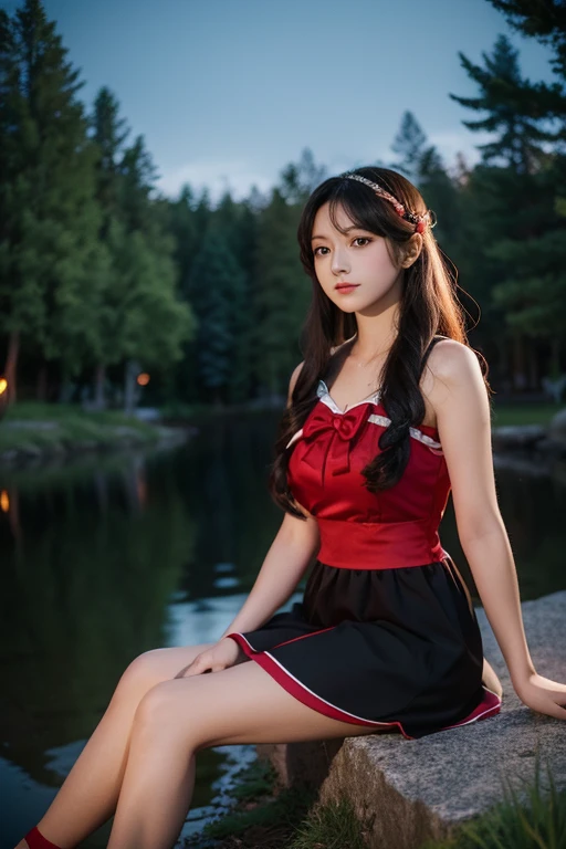 (masterpiece, best quality), 1girl(Athena_Asamiya), cute dress, long black hair, sitting, beautiful outdoor background, night, forest