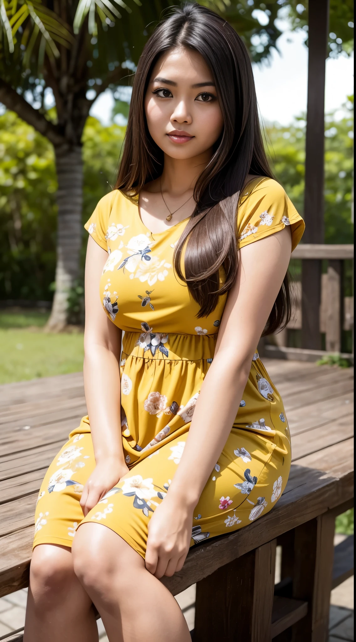 RAW, Best quality, high resolution, masterpiece: 1.3), beautiful Malay woman, Masterpiece, perfect fit body, big breasts, beautiful big eyes, long hair, brown hair, open stand, Soft smile, thick thighs, woman sitting in the park in a dark yellow floral patterned dress, she is about 2 0 years old, she is about 20 years old, pale skin Malay girl, smooth pink skin, beautiful woman, wearing a dark yellow dress, beautiful Malay woman, she is about 2 , she about 30 years old, he is about 3 0 years old