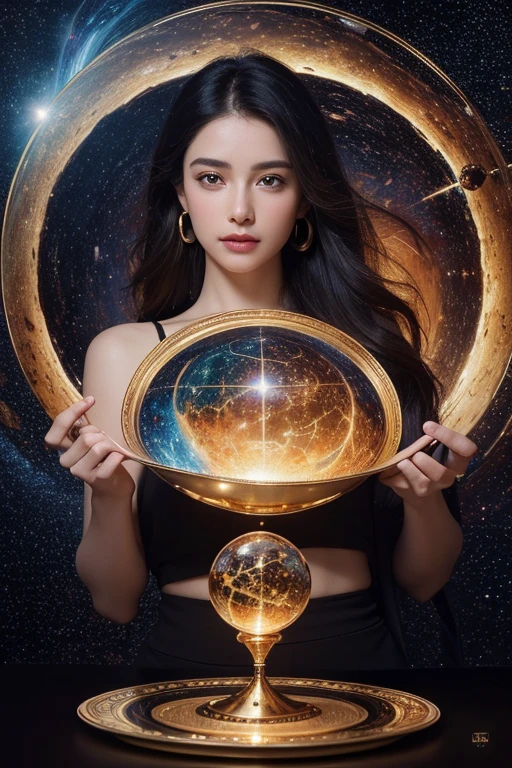 Artwork, surrealism, highly detailed, intricate details, oil painting, best quality, cosmic, starry, a woman holding a two-plate scale, pound sign concept, golden ratio, beautiful, cosmic concept, 8k, cinematic light, starry background, vibrant colors, UHD, by Greg Rutkowski