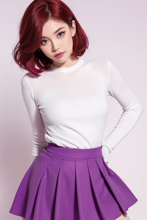 a beautiful woman, 32 years old, short red hair, shimmering brown eyes, with , with a purple and pink blaser, skirt, and white background, intricate details,