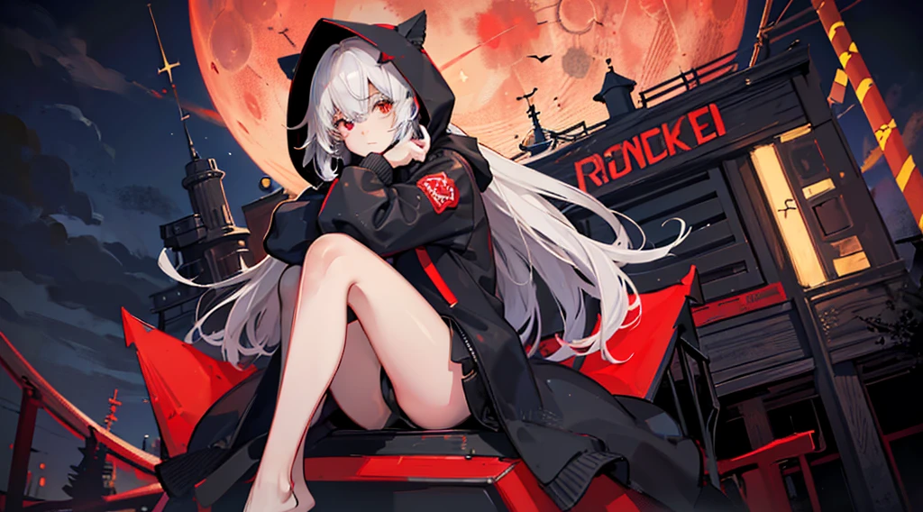 (a girl wearing a hood and a mask, big black hoodie, hands on hoodie, bare legs), (abandoned amusement park, late night, red moon), (low contrast, flat color, limited palette)