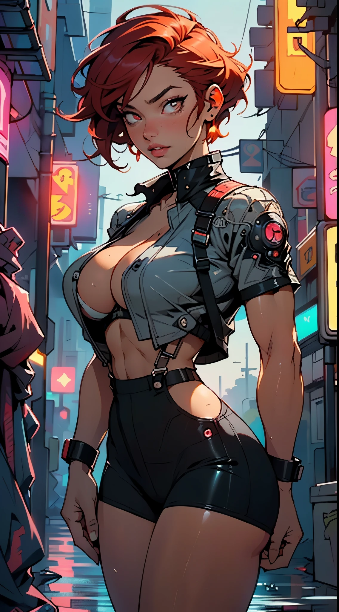 mechanical girl,(1girl:1.3),((1 black girl with extremely cute and beautiful red hair)),((((black race)))),

(big breasts: 1.4),sagging breasts,(((short red hair: 1.35,cropped,redhead,very short hair))),((heterochromia:1.5, (orange_eye and red_eye))),intricate eyes,beautiful detailed eyes,symmetrical eyes,(fat),((((tan,dark skin,black skin:1.35,dark-skinned_female,dark skin:1.3,ebony skin,lustrous skin:1.5,bright skin: 1.5,shiny skin,very shiny skin,shiny body,illuminated skin,wet legs)))),(spider lower abdomen,narrow waist,wide hip ,athletic body,inflated legs, thick thighs,detailed body,(detailed face)),((muscle legs)),((muscular thighs)),((muscular girl)),((strong and muscular,bodybuilder,strong body,muscular,feminine and muscular)),((ABS)),(huge stature,tall stature,very tall girl),

cute,slutty,sensual,seductive look,seductive,erotic,((nsfw)),

(fitted overalls:1.3,suit unbuttoned),((mechanical tools on his clothing,cyberpunk clothes)),(((huge cleavage))),((wet clothes,intricate outfit,intricate clothes)),

(dynamic pose:1.0),embarrassed,(centered,scale to fit dimensions,Rule of thirds),

cyberpunk city by the ocean at night, with bright neon signs and dark stormy clouds and puddles, scenery:1.25,nighttime, starry night, cosmos,Very dark night that makes the neon lights stand out, very bright neon lights,nighttime, starry night, cosmos,

artistic photography,(photography taken by sldr),highres, sharp focus,(ultra detailed, extremely detailed), (photorealistic artwork:1.37),(extremely detailed CG unity 8k wallpaper),((synthwave background theme)),(((vibrant colors))),intricate,(intricate background),(masterpiece),(best quality),perfect rendered face,perfect face details,realistic face,photo realistic,analog style,((intricate detail)),(((realism))),