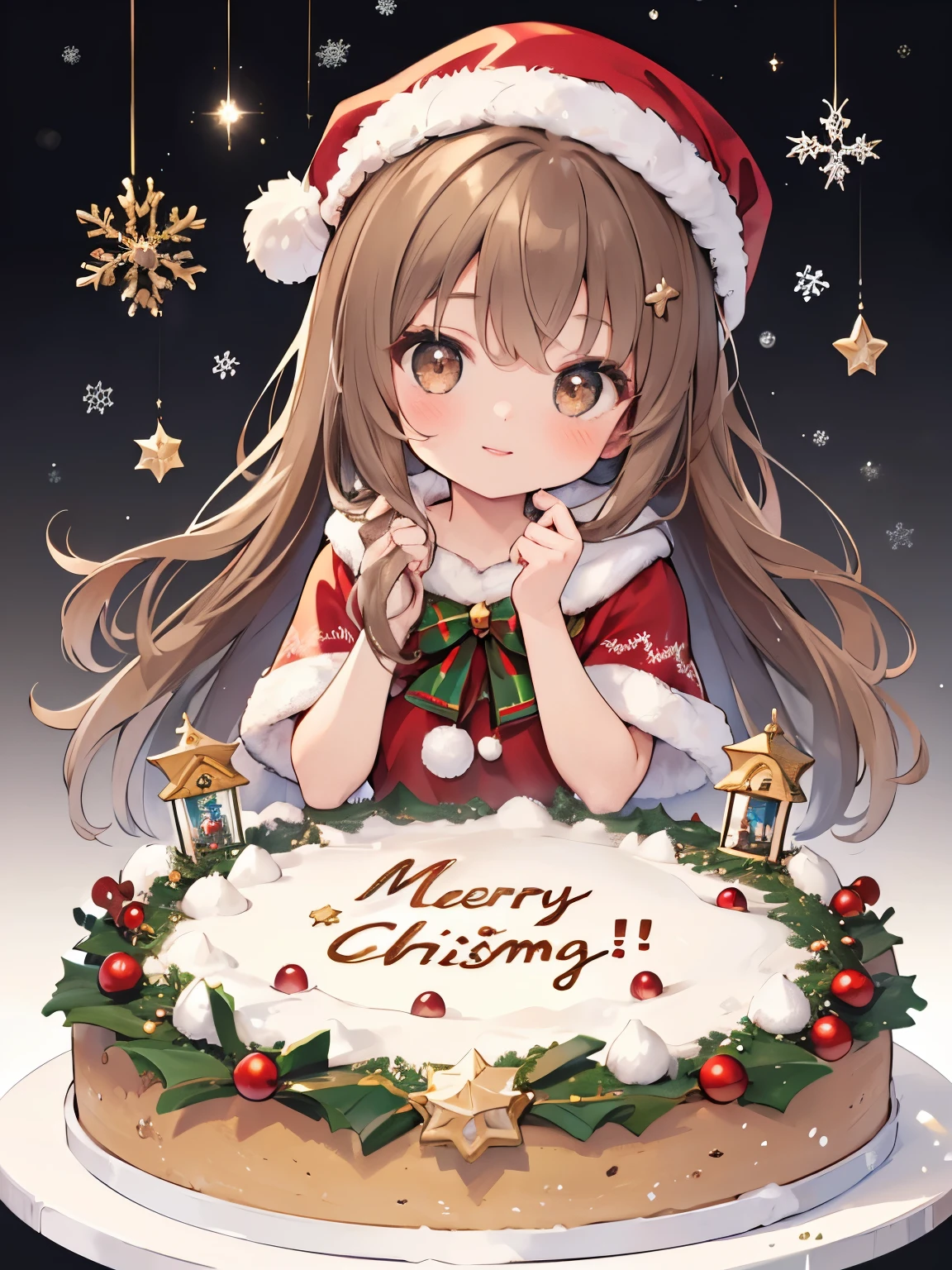 (Top quality, 4K, high resolution, masterpiece), ((Perfect Anatomy)), (Cute diorama girl, snow globe  1 4), (Light brown hair, long hair, brown eyes), ((👄)), Smile, Chibi, BREAK, winter, Christmas tree, glitter, ((Xmas cake🎂)), santa claus cake