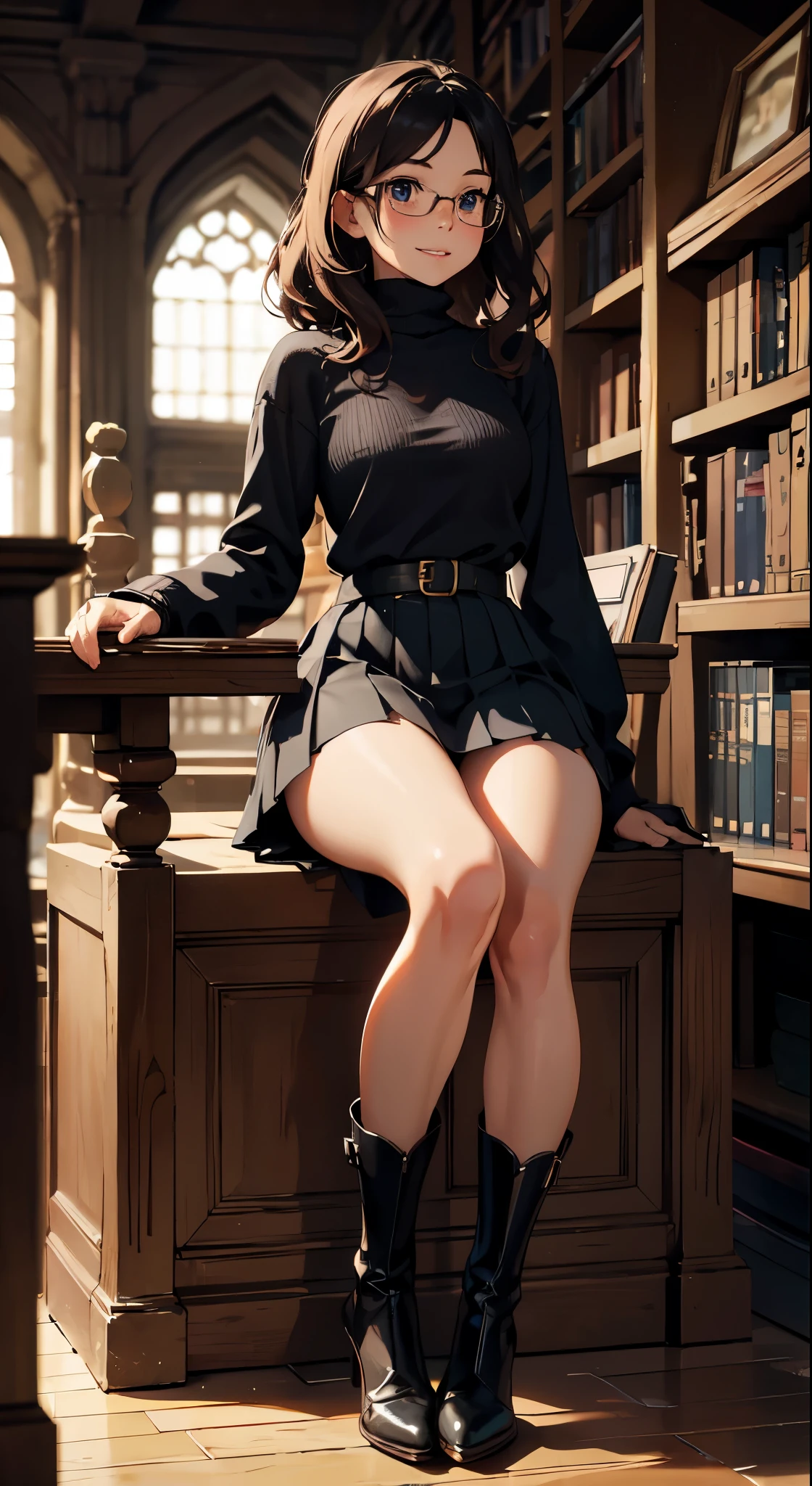 thick chunky turtleneck sweater with thick collar, thin glasses, pleated skirt, thighboots, gloves, glossy lips, dynamic scene, girl in a medieval library, medium breasts, mischevious smile, long black messy hair. (Masterpiece, Excellent, complex details, color difference), realism, (((looking away))), perfect face, delicate young girl, full body shot, between legs