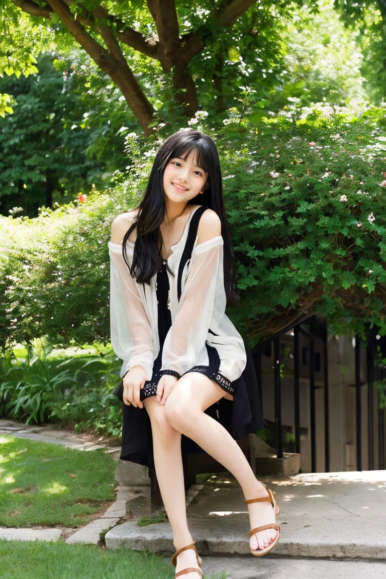 early summer、a beauty girl、、Open your mouth a little、Black hair straight long hair、Black Summer Dresses、sheer summer cardigan、White sandals、