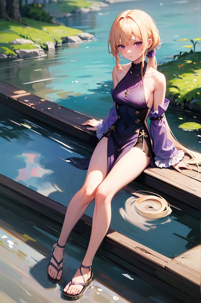 Short skinny girl, rosy magenta eyes, blonde hair, very small breasts, extremely long slender blonde ponytail that goes down to her ankles, very large purple bow bound to ponytail behind her head, bare legs, sandals, white silk berka shawl that goes down to crotch and has long wide sleeves that cover all but her fingertips, purple sleeveless undershirt with turtleneck, looking at viewer, melancholic, somber yet serene face, graceful, gentle, tranquil, surrounded by a safe peaceful garden and a stream with stepping stones