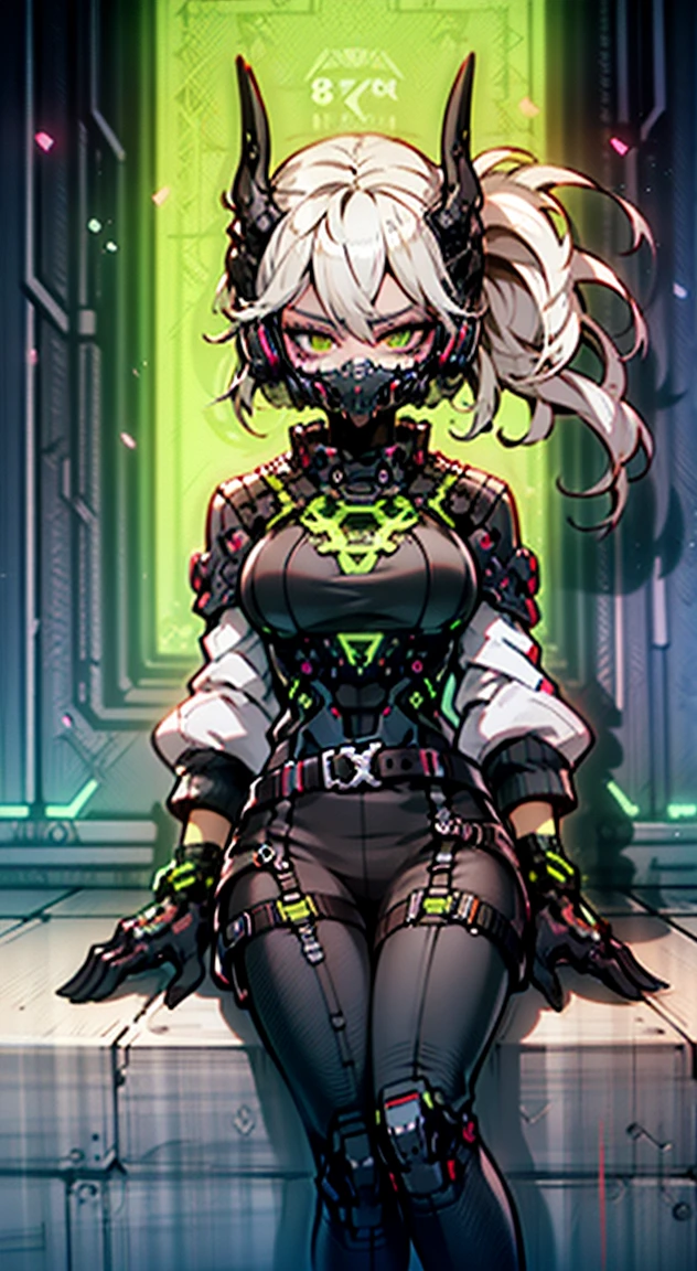 8K,Ultra Detail,ultra-quality,ultra precision,ultimate masterpiece,demon Girl,big boobs,big Thigh,bomber jacket,long leather pants,long twin tail(blond)(innercolor of pink),cool Graffiti on the wall,Cyber punk face mask,Theme of Cyber Punk,sitting cross legged,