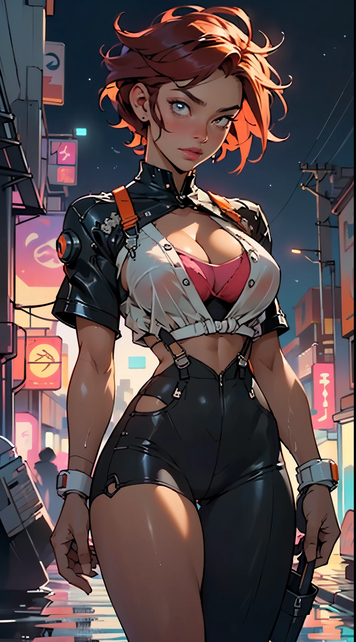 mechanical girl,(1girl:1.3),((1 black girl with extremely cute and beautiful red hair)),((((black race)))),
(big breasts: 1.4),sagging breasts,(((short red hair: 1.35,cropped,redhead,very short hair))),((heterochromia:1.5, (orange_eye and red_eye))),intricate eyes,beautiful detailed eyes,symmetrical eyes,(fat),((((tan,dark skin,black skin:1.35,dark-skinned_female,dark skin:1.3,ebony skin,lustrous skin:1.5,bright skin: 1.5,shiny skin,very shiny skin,shiny body,illuminated skin,wet legs)))),(spider lower abdomen,narrow waist,wide hip ,athletic body,inflated legs, thick thighs,detailed body,(detailed face)),((muscle legs)),((muscular thighs)),((muscular girl)),((strong and muscular,bodybuilder,strong body,muscular,feminine and muscular)),((ABS)),(huge stature,tall stature,very tall girl),
cute,slutty,sensual,seductive look,seductive,erotic,((nsfw)),
(fitted overalls:1.3,suit unbuttoned),((mechanical tools on his clothing,cyberpunk clothes)),(((huge cleavage))),((wet clothes,intricate outfit,intricate clothes)),
(dynamic pose:1.0),embarrassed,(centered,scale to fit dimensions,Rule of thirds),
cyberpunk city by the ocean at night, with bright neon signs and dark stormy clouds and puddles, scenery:1.25,nighttime, starry night, cosmos,Very dark night that makes the neon lights stand out, very bright neon lights,nighttime, starry night, cosmos,
artistic photography,(photography taken by sldr),highres, sharp focus,(ultra detailed, extremely detailed), (photorealistic artwork:1.37),(extremely detailed CG unity 8k wallpaper),((synthwave background theme)),(((vibrant colors))),intricate,(intricate background),(masterpiece),(best quality),perfect rendered face,perfect face details,realistic face,photo realistic,analog style,((intricate detail)),(((realism))),