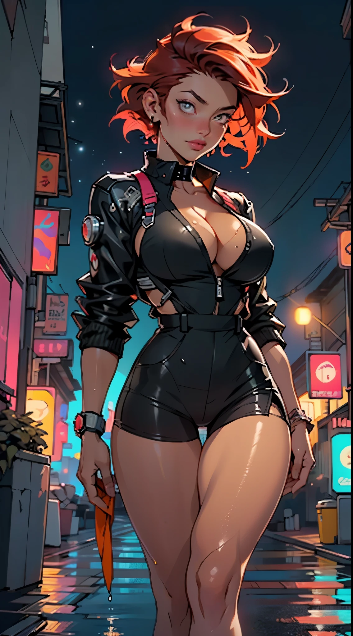 mechanical girl,(1girl:1.3),((1 black girl with extremely cute and beautiful red hair)),((((black race)))),
(big breasts: 1.4),sagging breasts,(((short red hair: 1.35,cropped,redhead,very short hair))),((heterochromia:1.5, (orange_eye and red_eye))),intricate eyes,beautiful detailed eyes,symmetrical eyes,(fat),((((tan,dark skin,black skin:1.35,dark-skinned_female,dark skin:1.3,ebony skin,lustrous skin:1.5,bright skin: 1.5,shiny skin,very shiny skin,shiny body,illuminated skin,wet legs)))),(spider lower abdomen,narrow waist,wide hip ,athletic body,inflated legs, thick thighs,detailed body,(detailed face)),((muscle legs)),((muscular thighs)),((muscular girl)),((strong and muscular,bodybuilder,strong body,muscular,feminine and muscular)),((ABS)),(huge stature,tall stature,very tall girl),
cute,slutty,sensual,seductive look,seductive,erotic,((nsfw)),
(fitted overalls:1.3,suit unbuttoned),((mechanical tools on his clothing,cyberpunk clothes)),(((huge cleavage))),((wet clothes,intricate outfit,intricate clothes)),
(dynamic pose:1.0),embarrassed,(centered,scale to fit dimensions,Rule of thirds),
cyberpunk city by the ocean at night, with bright neon signs and dark stormy clouds and puddles, scenery:1.25,nighttime, starry night, cosmos,Very dark night that makes the neon lights stand out, very bright neon lights,nighttime, starry night, cosmos,
artistic photography,(photography taken by sldr),highres, sharp focus,(ultra detailed, extremely detailed), (photorealistic artwork:1.37),(extremely detailed CG unity 8k wallpaper),((synthwave background theme)),(((vibrant colors))),intricate,(intricate background),(masterpiece),(best quality),perfect rendered face,perfect face details,realistic face,photo realistic,analog style,((intricate detail)),(((realism))),