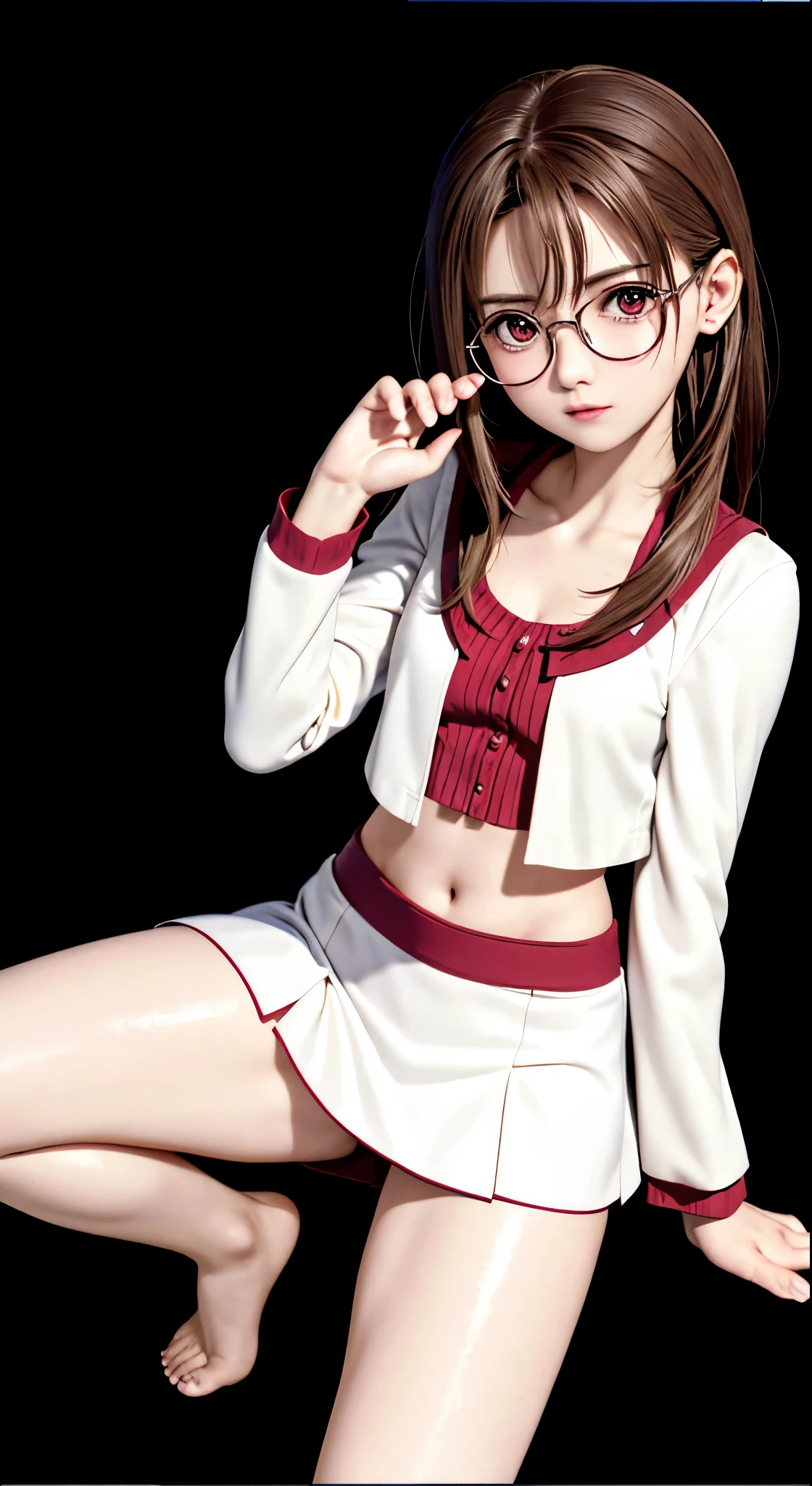 optimum,tmasterpiece,hight resolution,best qualtiy,hyper HD,super detailing,awardwinning,with round face、Round glasses、Looking down at the camera、squatting and spread legs,Show white panties,16 K,独奏,(The upper part of the body),Raw feet、White panty、anatomy correct,Beautiful cyberpunk girl,かわいいwith round face,,Gradient Beige Hair,Hairline,((scarlet eyes)),long eyelasher,Hanging eye corners,White skin of the,(small tit),(Slim body),((Women's Super Short Shawl Leather Jacket)),((Racing_Suit)),((High-Low_long skirt)),Ear studs,(lanyard),(Laser material clothing:1.2)