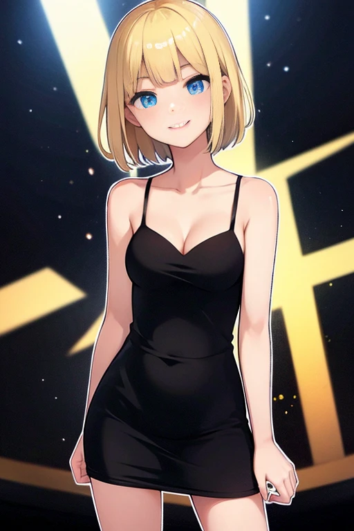 masterpiece, best quality, young blonde woman, medium hair, blue eyes, wearing a little black dress, blackdresslora, head portrait, looking at viewer, smile, nightclub background, disco lighting, standing up, seductive