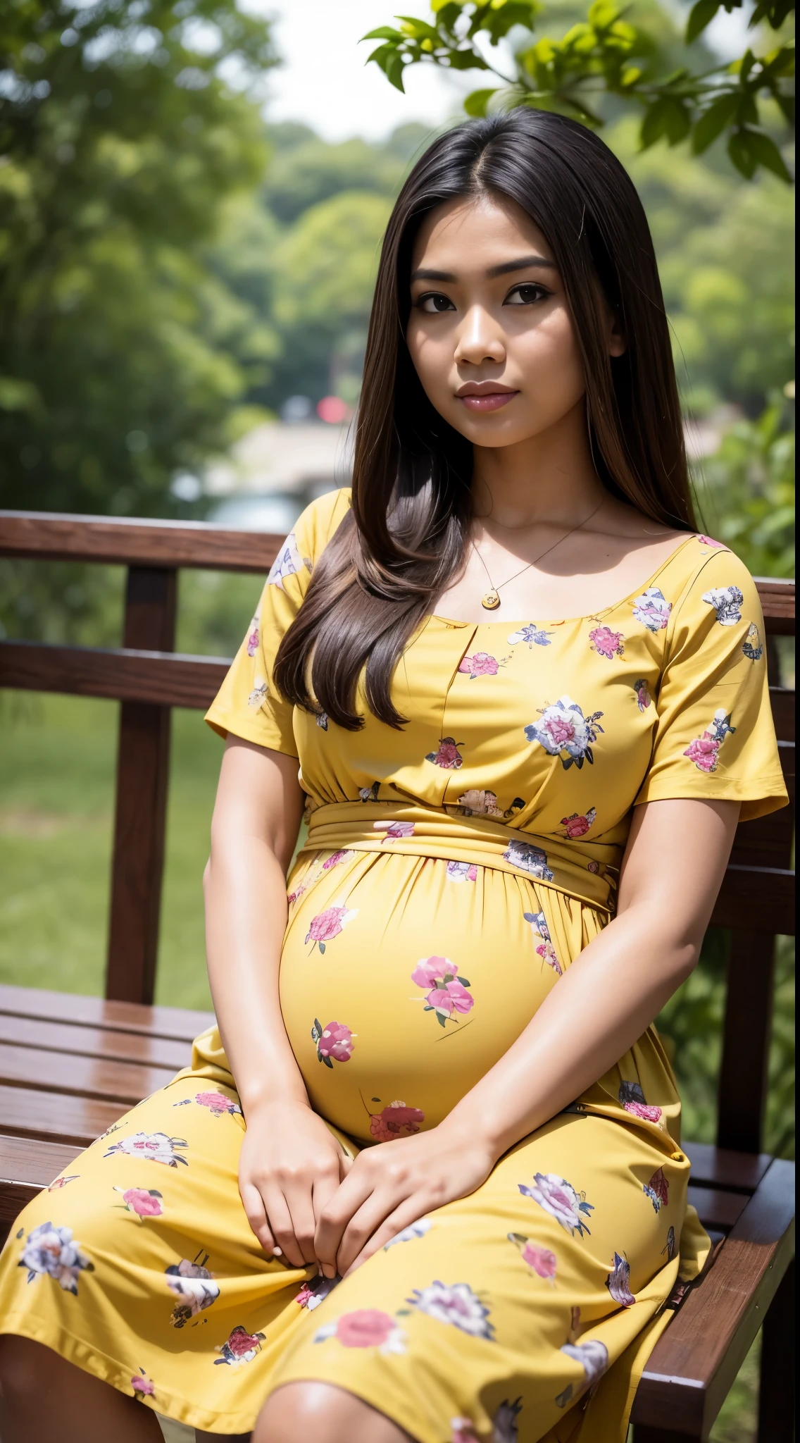 RAW, Best quality, high resolution, masterpiece: 1.3), beautiful Malay woman, Masterpiece, perfect fit body, big breasts, beautiful big eyes, long hair, brown hair, open stand, Soft smile, thick thighs, woman pregnant sitting in the park in a dark yellow floral patterned dress, she is about 2 0 years old, she is about 20 years old, pale skin Malay girl, smooth pink skin, beautiful woman, wearing a dark yellow dress, beautiful Malay woman, she is about 2 5 years old, she about 30 years old, he is about 3 0 years old