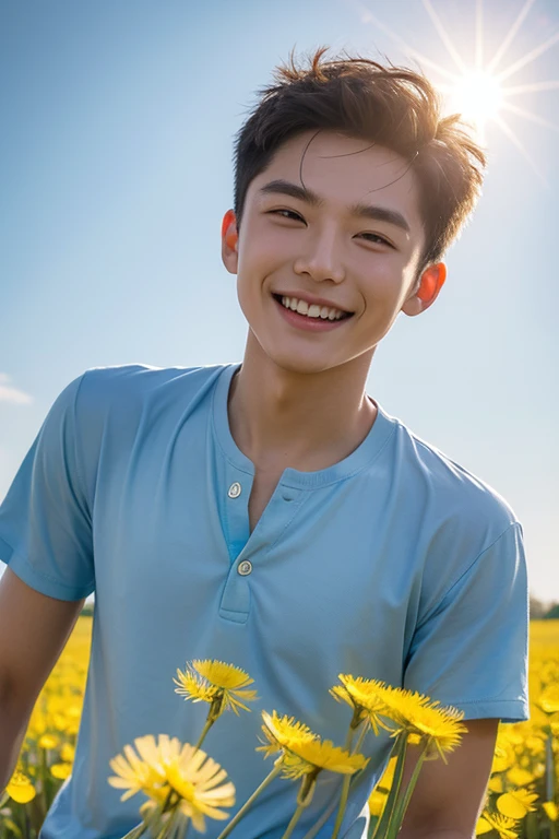 (zh-CN) Farmland, morning dew, sun-baked wheat field, leisurely blossoming dandelions, (1 boy), a big smiling face under the bright sun, wearing light cotton attire, blue shirt, kind and natural.