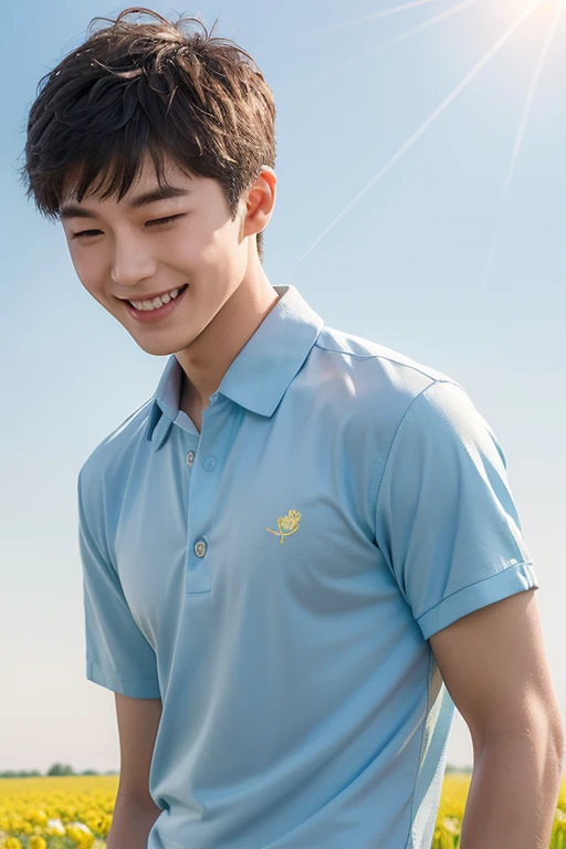 (zh-CN) farmland, morning dew, Wheat field under sunlight, Dandelion blooming leisurely, (1 boy eating buns), A big smiling face under the bright sunshine, Wear light cotton clothing, blue shirt, Friendly and natural.