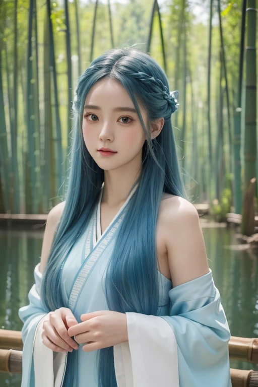 Masterpiece, Best Quality, Official Art, 8k Wallpaper, Very Detailed, Illustration, 1 Girl, Sky Blue Hair, Long Hair, Detailed Eyes, Forrest Gump, Bare Shoulders, Hanfu, Lake, Pure, Soft Smile, bamboo, tea