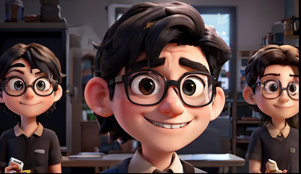 A nerd in the center of the image with a slightly square head and straight black hair with black glasses smiling very strongly and a text underneath in the middle written "Wilton" em um quarto de fundo com uma porta de madeira