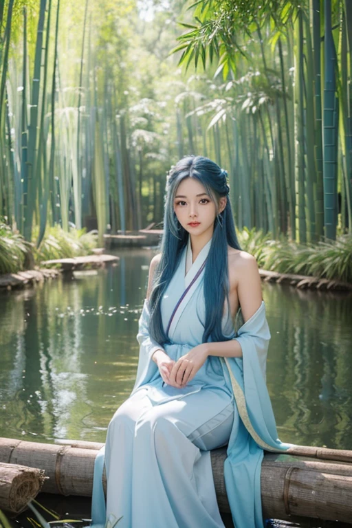 Masterpiece, Best Quality, Official Art, 8k Wallpaper, Very Detailed, Illustration, 1 Girl, Sky Blue Hair, Long Hair, Detailed Eyes, Forrest Gump, Bare Shoulders, Hanfu, Lake, Pure, Soft Smile, bamboo, tea
