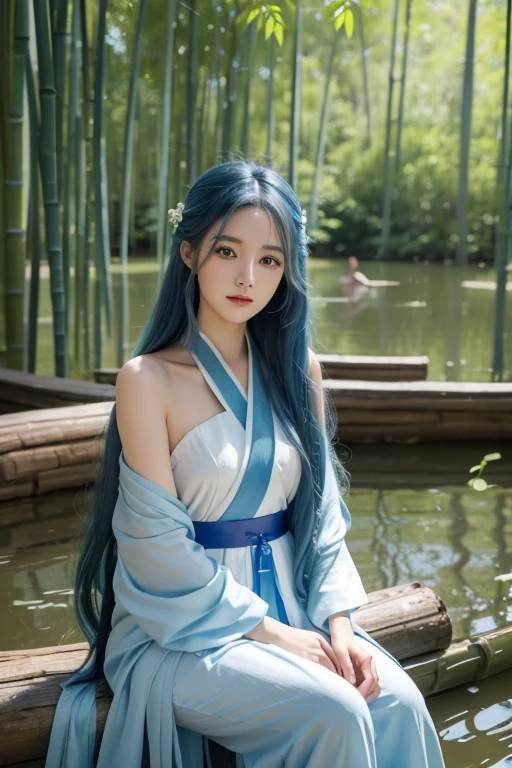 Masterpiece, Best Quality, Official Art, 8k Wallpaper, Very Detailed, Illustration, 1 Girl, Sky Blue Hair, Long Hair, Detailed Eyes, Forrest Gump, Bare Shoulders, Hanfu, Lake, Pure, Soft Smile, bamboo, tea