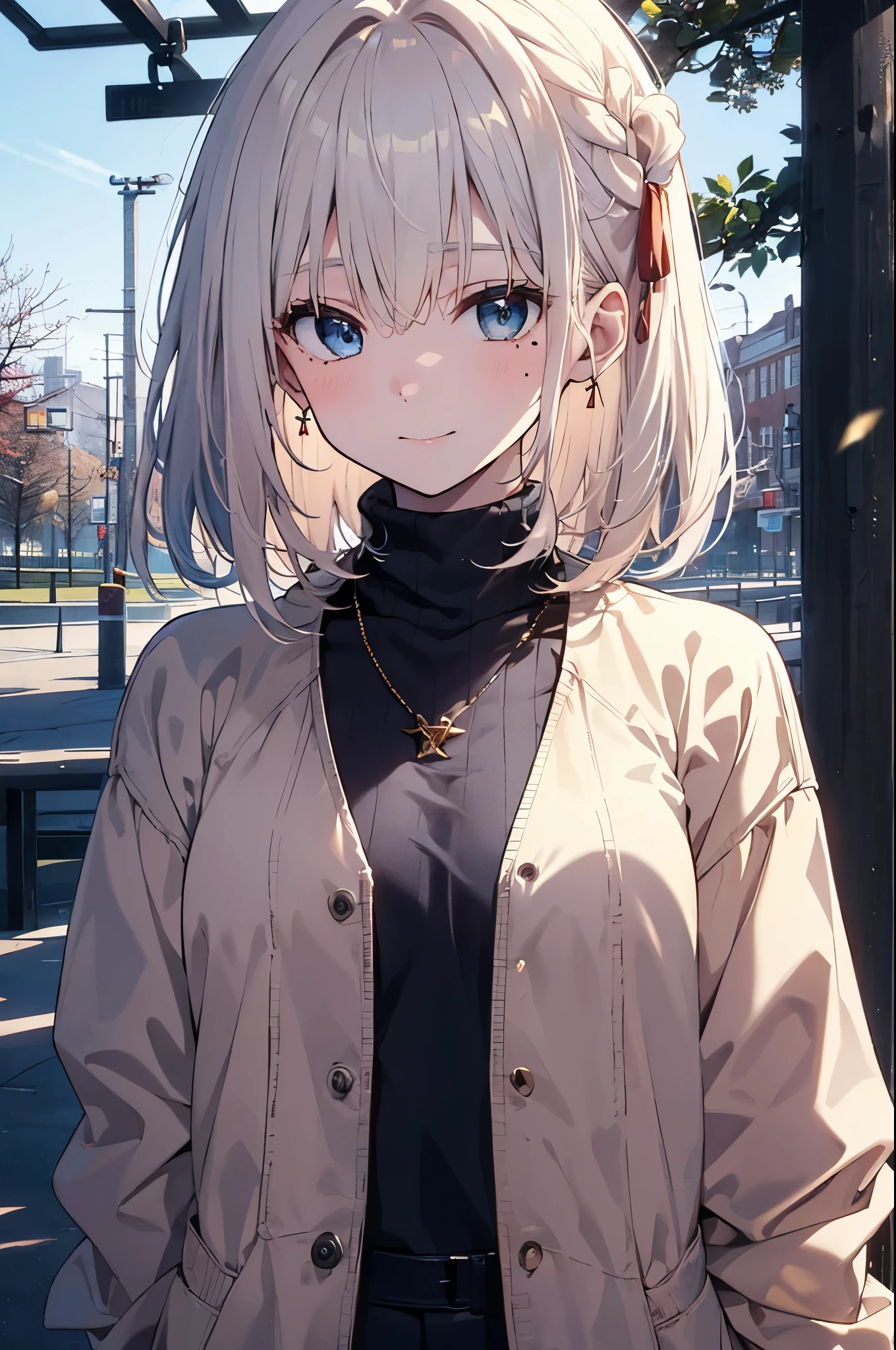 (Girl with a nasty appearance:1.3)、(Daytime:1.5)、(and chest:1.4)、Raw photography, top-quality, hight resolution, (masterpiece), (Photorealsitic:1.4), (Mole under the eyes),Anime , foco nítido, nffsw, 8K分辨率, intricate detailes, depth of fields, the Extremely Detailed CG Unity 8K Wallpapers, front lit, femele,25-years old、 Happy face,(tying hair:1.5)、see -through、(Medium hair)、blue eyess,(a park:1.5)、(Turtleneck Knit Jacket:1.3)、(Full body depiction)、winter atmosphere、Christmas、illuminations、santa、morning、Daytime、santaのコスプレ