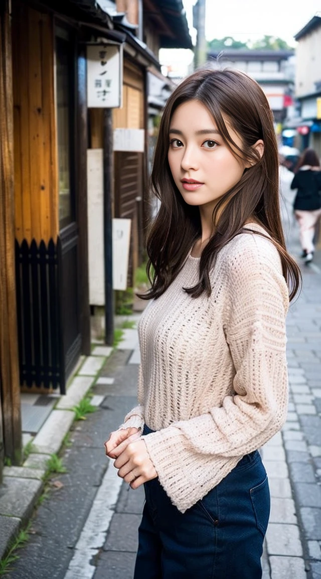 dark brown hair、Light brown eyes、The face of the Japan actress、 Lady、looks like him,I&#39;m about 40 years old、(intricate-detail:1.2)、(top-quality:1.4)、 (超A high resolution:1.2)、Super A-high-resolution、(A detailed eye)、(Detailed actual functions)、nffsw、8K分辨率、D Cup Breast、length hair、Walking the streets of Kyoto、Kyoto street snap、full body photographed、fully body photo、Background, Kyoto souvenir shops lined up.、In the background is the cityscape of Kyoto、taking a photo of me walking、Capturing the gorgeous city of Kyoto、