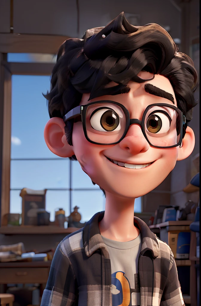 A nerd with a slightly square head and straight black hair with black glasses smiling and the name of the Disney film being: "Wilton"