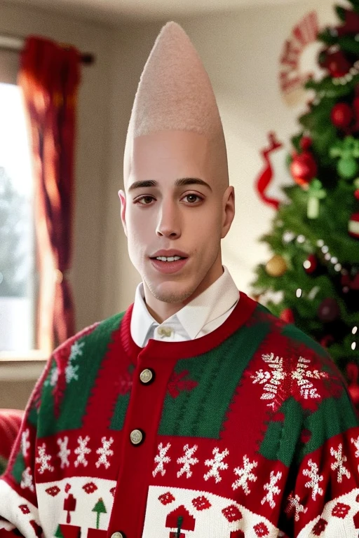 connected man wearing a Christmas sweater with a Christmas tree in the background, bald man, bald head, he has an elongated head shape, shaved bald head, cabelos agitados, shaved head, careca no topo, sem cabelo, completamente careca;, cabelos agitados no templo, rosto raspado, parcialmente careca, Pete Davidson, Peter Dutton como uma batata