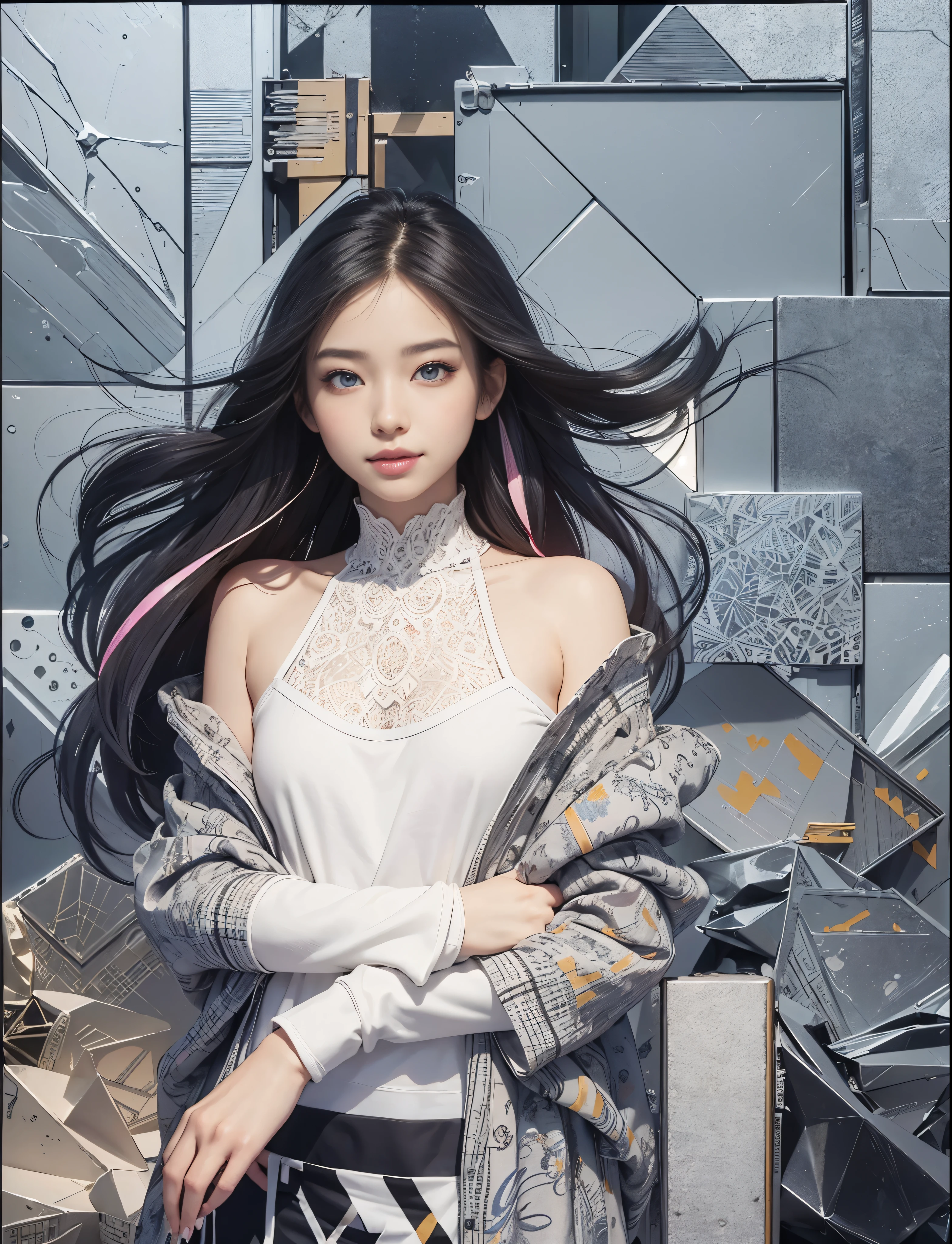 (Realistic:1.8), (Digital art:0.2), (Geometrical art, official art, beautiful and aesthetic, ultra detailed, beautiful, masterpiece, best quality:1.6), (1girl:1.2), Detailed face, Detailed eyes, Detailed hair, young fingers, Detailed fingers, five fingers, sitting,
_
BREAK cute ig model, Japanese cute model, 22 years old, Tightened all body, small head, small face, small mouth, diamond Face, small nose, Sharp Faceline, (dropy eyes, Double eyelid, Light color eyes, Glossy eyes, Shiny eyes:1.2), Shiny skin, colorful hair, shiny hair,
_
BREAK (happy, smile, Teeth, Glossy Lips), beautiful Teeth, (upper body:1.5), from front,
_
BREAK (oversize, Monotone paint sweatshirt:1.2), body paint, (Monotone Enamel Sneakers:1.2),