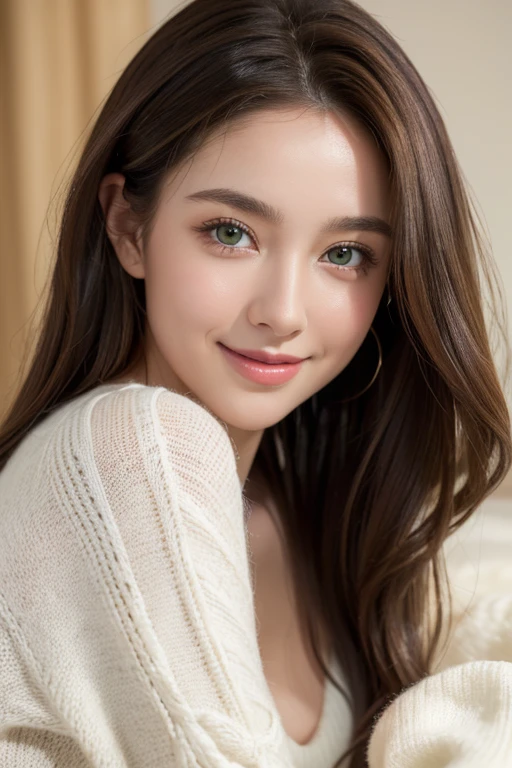 A stunning masterpiece of a high-res portrait of a beautifully detailed girl with long, shiny brown hair and mesmerizing green eyes, wearing a cozy sweater and flashing a gorgeous smile that accentuates her small yet perfectly-formed breasts.