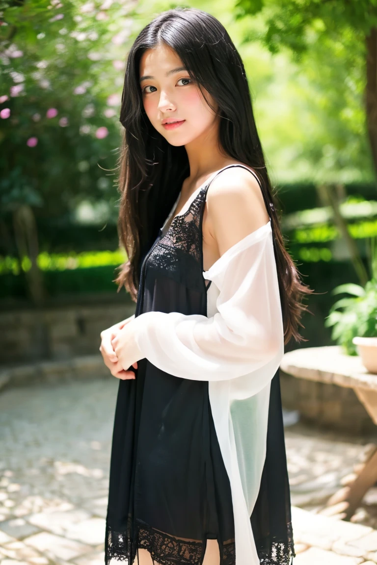 early summer、a beauty girl、sixteen years old、Open your mouth a little、Black hair straight long hair、summer  dress、sheer summer cardigan、sandal、