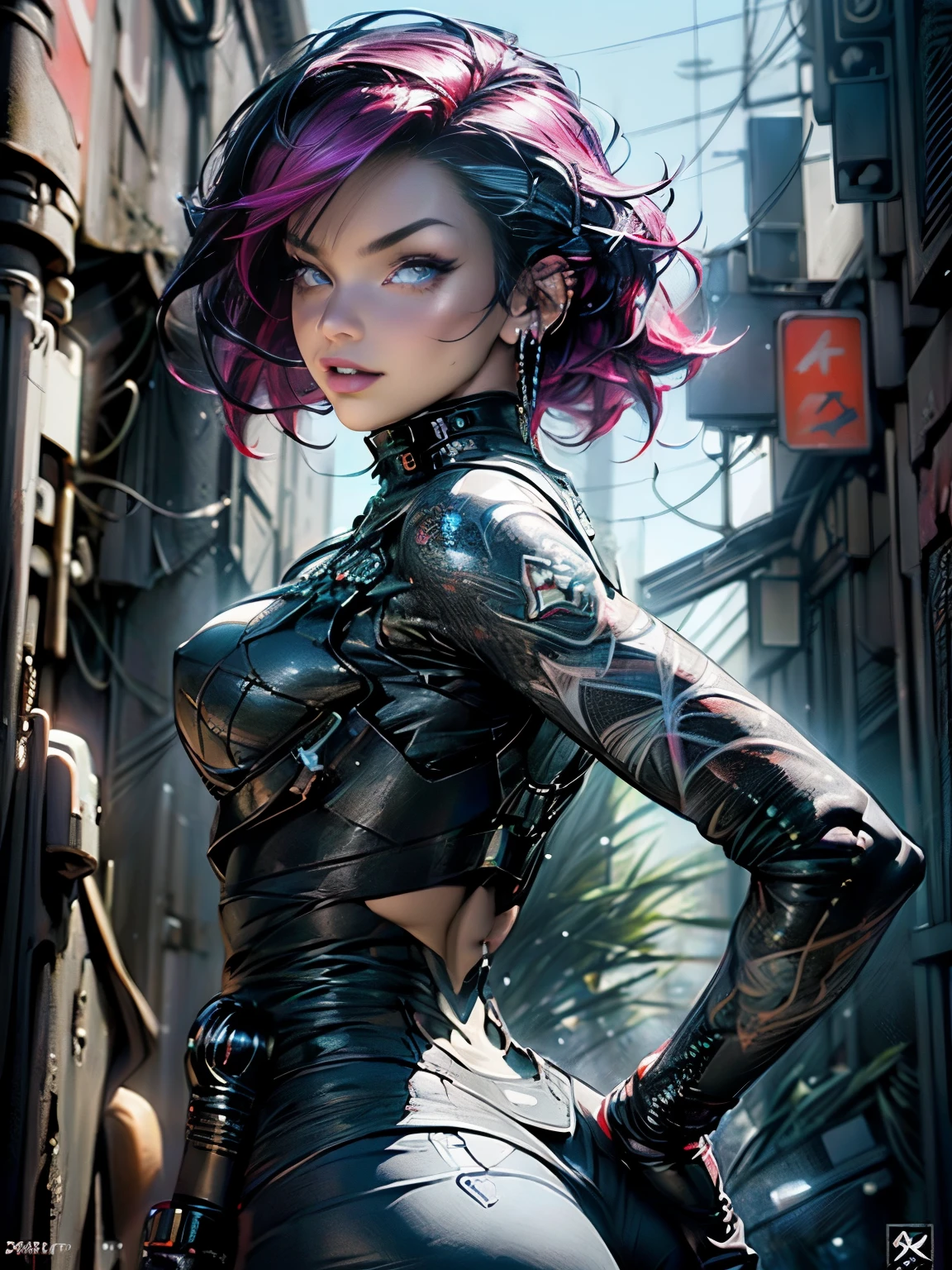 (Best Quality, best resolution), ((perfect Masterpiece), (incredibly Detailed: 1.4), 3D, A Beautiful futuristic Cyberpunk girl, super huge enormously gigantic tits, cleavage showing, tons of tattoos and piercings, short red hair in a shaved mohawk hairstyle, vibrant moonlight eyes, long detailed eyelashes, arching her back in a sexy seductive slutty pose, her nice big ass facing the viewer, looking back at the viewer, HDR (High Dynamic Range), Satin Apparel, Ray Tracing, NVIDIA RTX, Super-Resolution, Unreal 5, Subsurface Scattering, PBR Textures, Post Processing, Anisotropic Filtering, Depth of Field, Maximum Sharpness and Sharpness, Multi-layer Textures, Albedo and Highlight Maps, Surface Shading, Accurate simulation of light-material interactions, perfect proportions, Octane Render, two-color light, large aperture, low ISO, white balance, rule of thirds, 32K RAW, photorealistic, cherry blossoms blowing in the wind, futuristic cyber City background