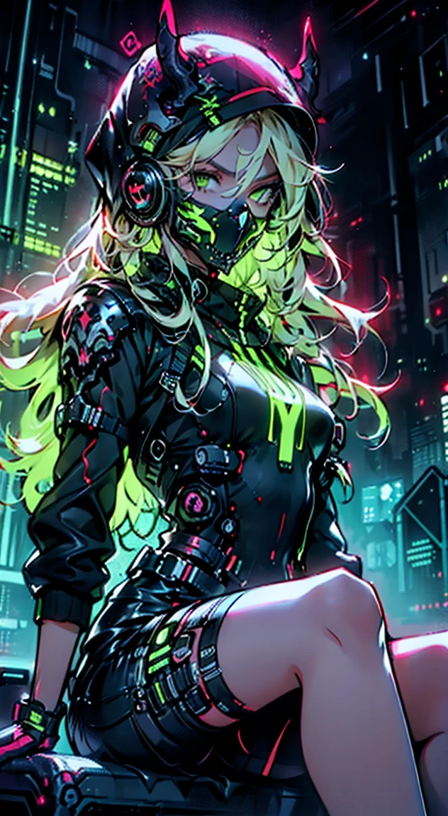 8K,Ultra Detail,ultra-quality,ultra precision,ultimate masterpiece,demon Girl,big boobs,big Thigh,bomber jacket,long leather pants,long twin tail(blond)(innercolor of pink),cool Graffiti on the wall,Cyber punk face mask,Theme of Cyber Punk,sitting cross legged,