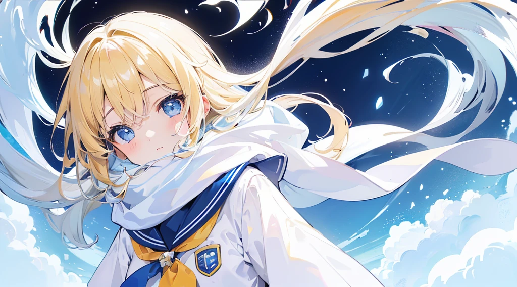 (1 girl, blonde hair, blue eyes, school uniform, white coat, blue scarf, kawaii), (snowing, blue moon, white flower field, clear air), (low contrast, flat color, limited palette)