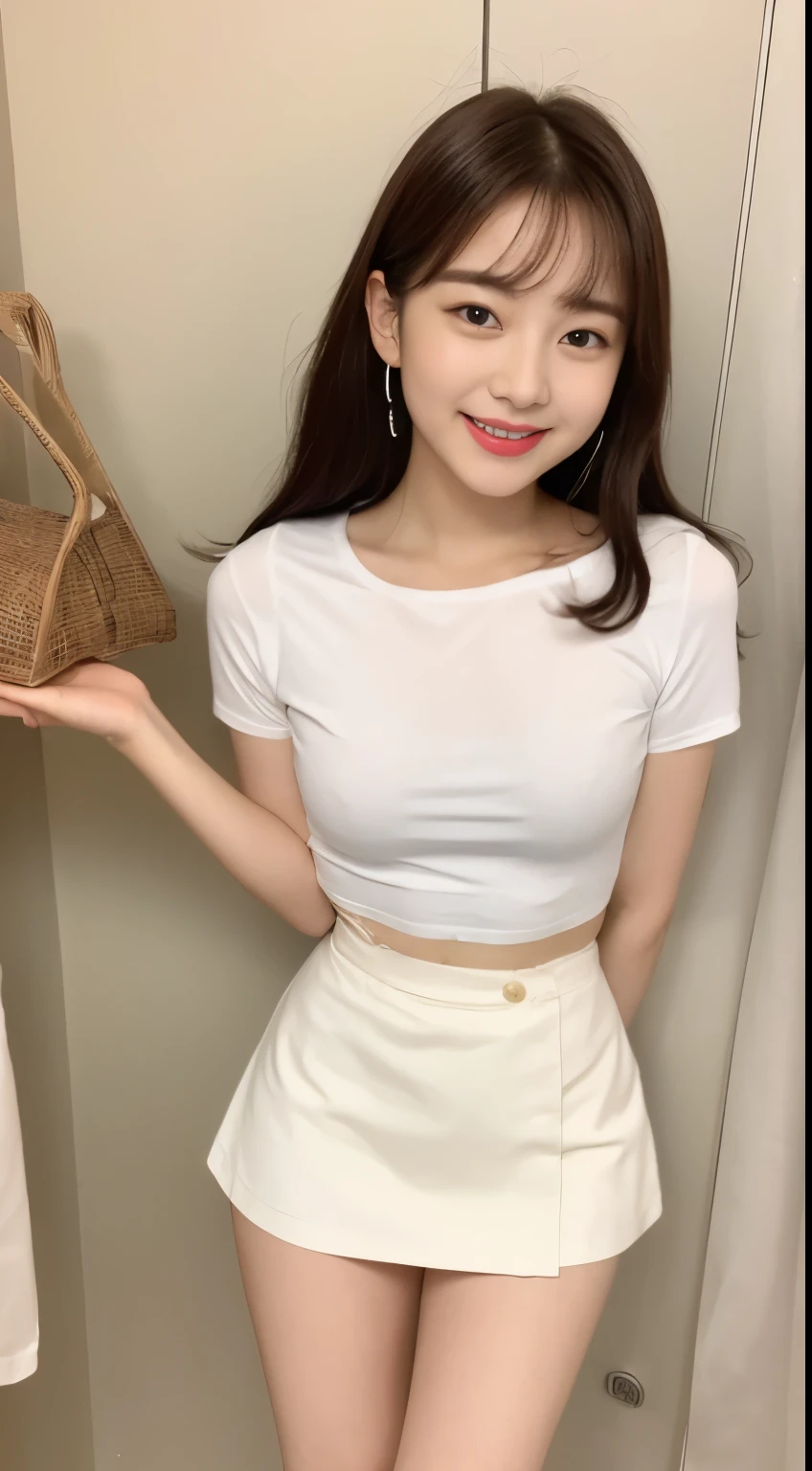 White tight shirt、White tight mini skirt、a bed、a smile、shortsleeves、high-level image quality、Hallyu Idol Face