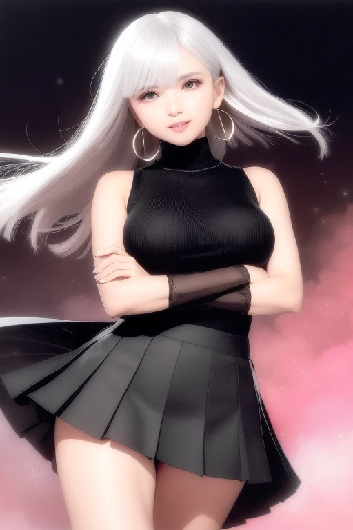 Short flowy haircut, cute medium side bangs, ((white hair)) Japanese cherry scenery background, (starry evening sky), ultra detailed, young Japanese woman, (wearing elegant bracelet) , ((wearing thick thigh strap)), beautiful face, ((wearing a long black classic sleeveless cheongsam dress with long slits and golden trim)),  ((hair flowing beautifully in the wind)) , perfect smooth legs, smiling, (((contrast rich rim lighting from both sides))) , ((very short golden finger nail polish)), (pair of black high heeled mary janes stiletto shoes) , perfect eyes, firm large sized breast, ((crossed arms)), thick calves, correct anatomy, tony taka art style, (cherry petals flying in the air by a soft breeze), (posing elegantly) , wide angle view