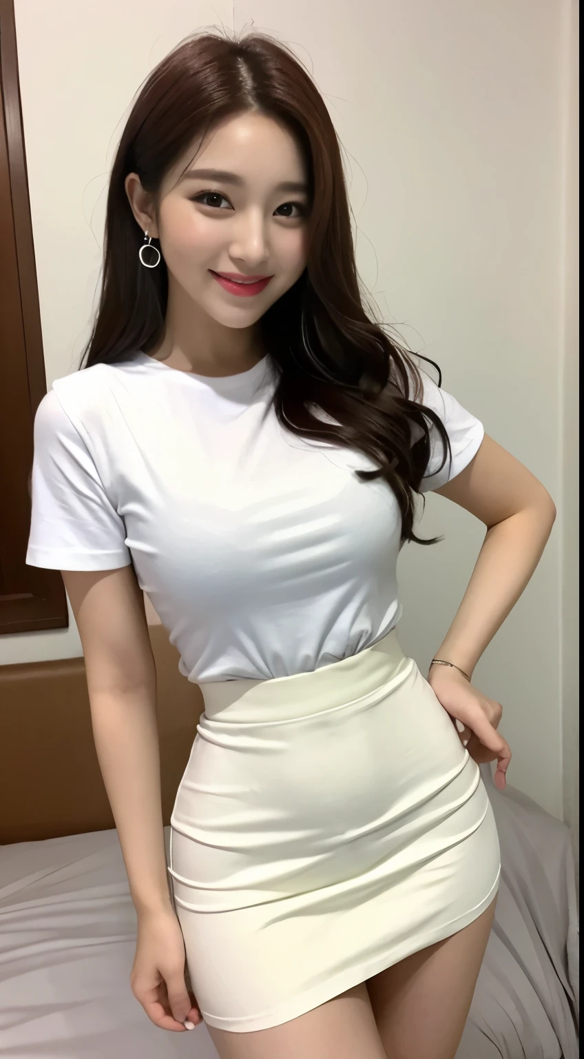White tight shirt、White tight mini skirt、a bed、a smile、shortsleeves、high-level image quality、Hallyu Idol Face