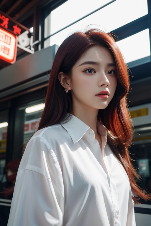 (best quality),(masterpiece), (extremely detailed 8K wallpaper),ultra-detailed,cinematic lighting, detailed light, best shadow, dyanamic angle, from down, train station, train, signal light, 1boy, leonard dung, red hair, aqua eyes, earring, single horn, strip mark on face, shone, white shirt,, detailed face, detailed reflctive eyes, beautiful eyes, extremely deatiled face,reflective hair,