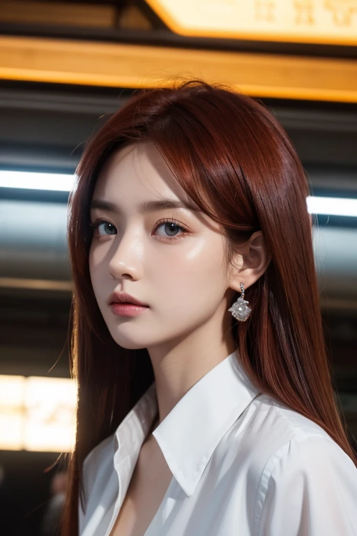 (best quality),(masterpiece), (extremely detailed 8K wallpaper),ultra-detailed,cinematic lighting, detailed light, best shadow, dyanamic angle, from down, train station, train, signal light, 1boy, leonard dung, red hair, aqua eyes, earring, single horn, strip mark on face, shone, white shirt,, detailed face, detailed reflctive eyes, beautiful eyes, extremely deatiled face,reflective hair,