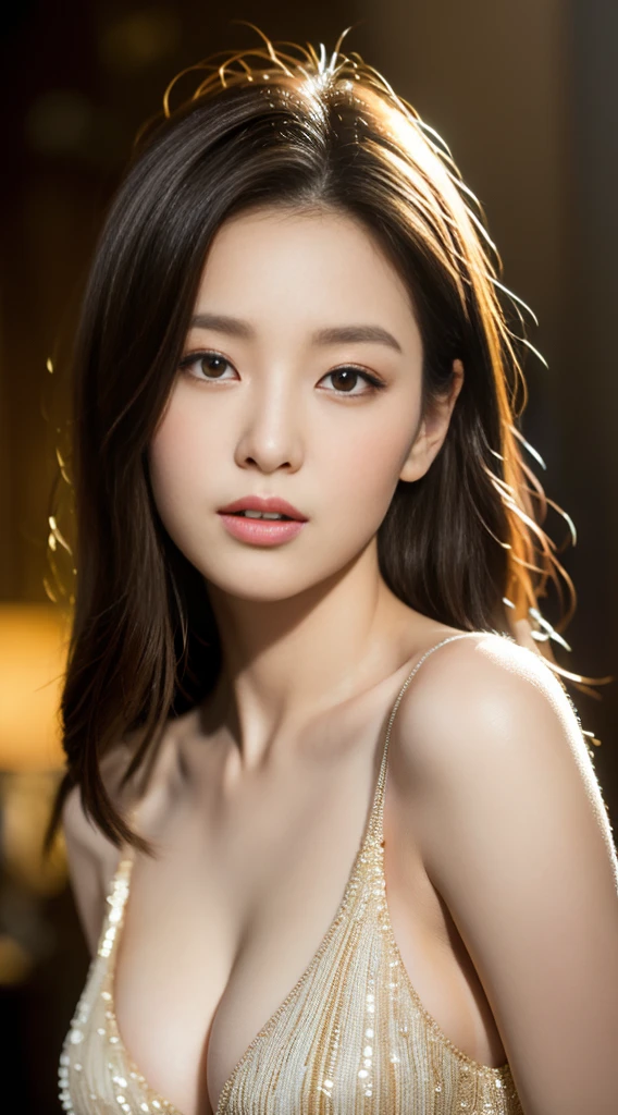 (best quality,4k,8k,highres,masterpiece:1.2),ultra-detailed,(realistic,photorealistic,photo-realistic:1.37),portraits,professional,vivid colors,bright lighting,warm tones,curvy figure,luscious curves,sensual essence,mesmerizing beauty,flawless complexion,expressive eyes,pouty lips,seductive gaze,long flowing hair,alluring pose,alluring dress,deep cleavage,classical portrait style,wispy brushstrokes,soft skin texture,dreamlike background,golden light,romantic atmosphere,subtle shadows,pop of vibrant colors,graceful posture,dramatic composition,emphasis on curves,delicate details,ethereal aesthetic,luxurious feel,feeling of elegance and sensuality.